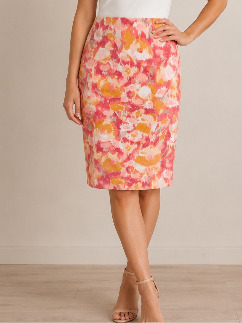 Talbots Petites NWT Women’s Size 6P Watercolor Floral Pink Orange Pencil Skirt